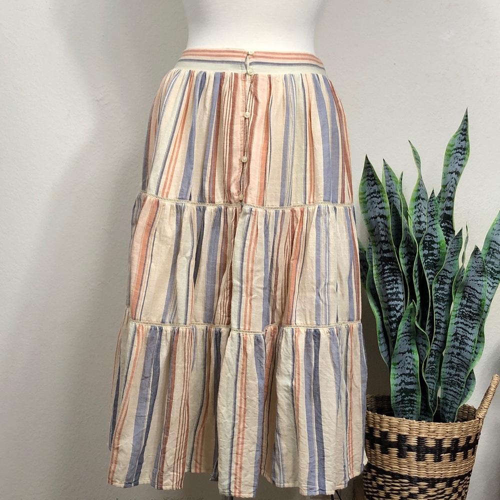 Lucky Brand Striped Tiered Midi Skirt Button Down Medium Cottage Prairie Boho